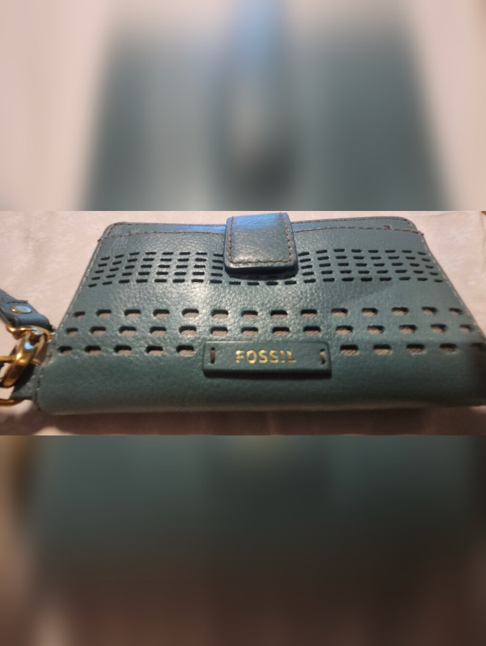 Fossil Teal Perforated Leather Wristlet